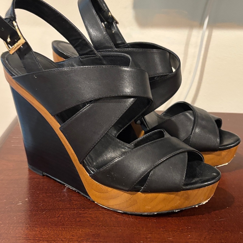 Michael Kors Black and Tan Wedge Sandals